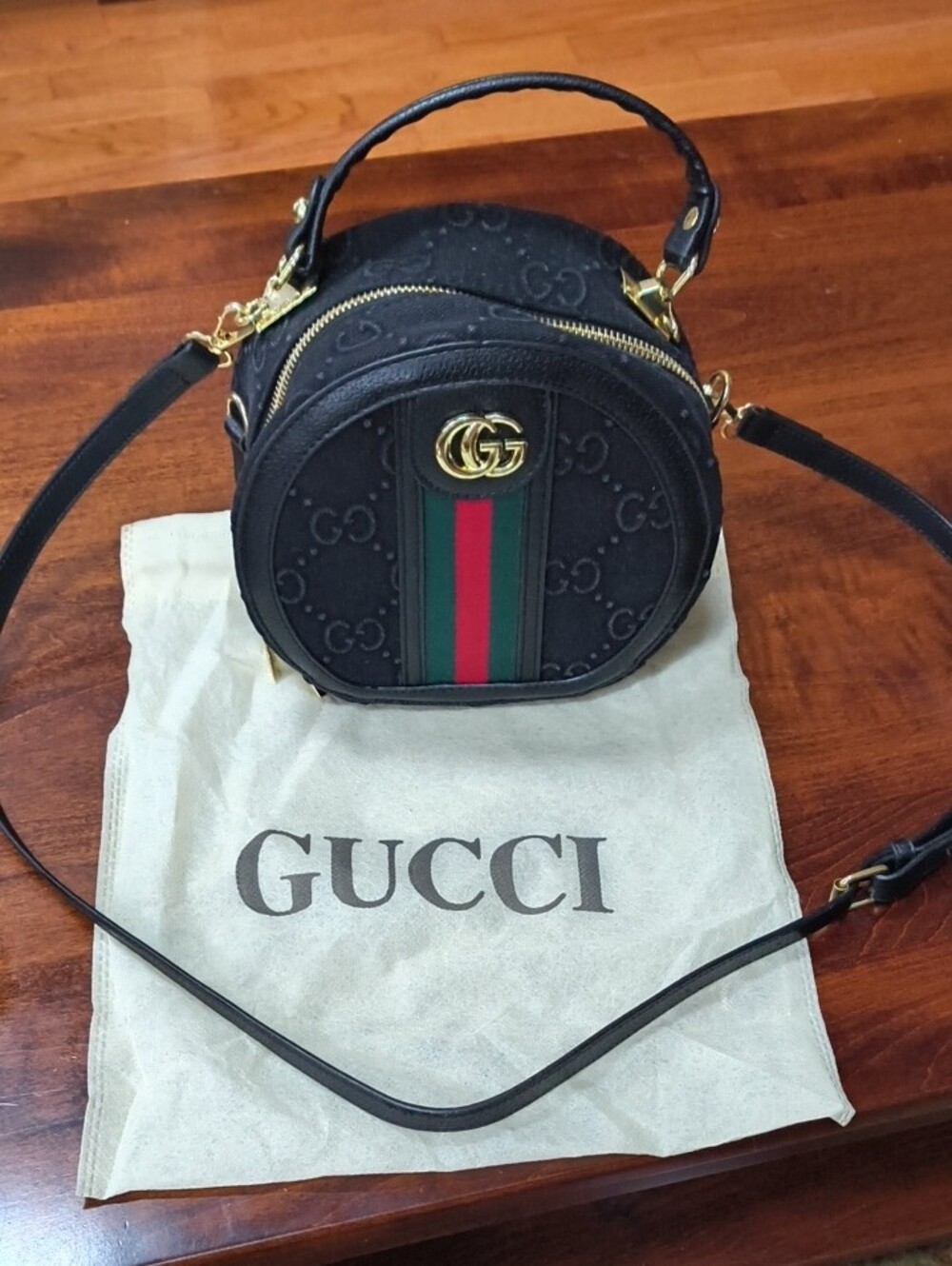 New- Inspired  Black GG Canvas Mini Round Top-Handle Bag with Green-Red Stripe - Picture 6 of 6